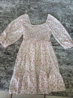 Smocked Cream Mini Dress with Red Floral Print